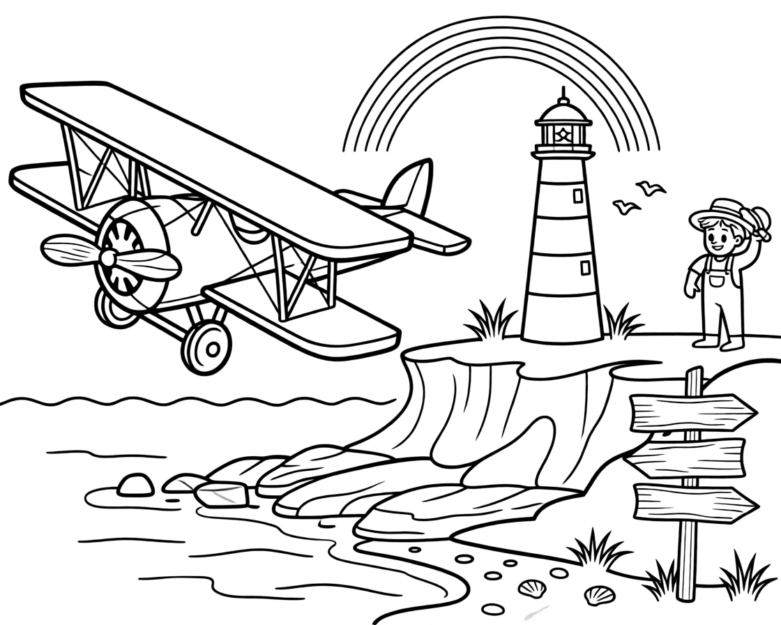 This page centers on a vintage biplane with two stacked wings and a wooden propeller exploring a rocky coastline with a striped lighthouse on the cliff, featuring a friendly farmer tipping his straw hat and little extras like a rainbow arching across the sky and an old wooden signpost pointing to faraway towns.