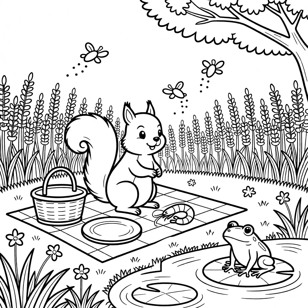 A squirrel at a picnic in the park, watching fireflies light up with a shrimp, next to a lavender field, while a curious frog watches from a lily pad.