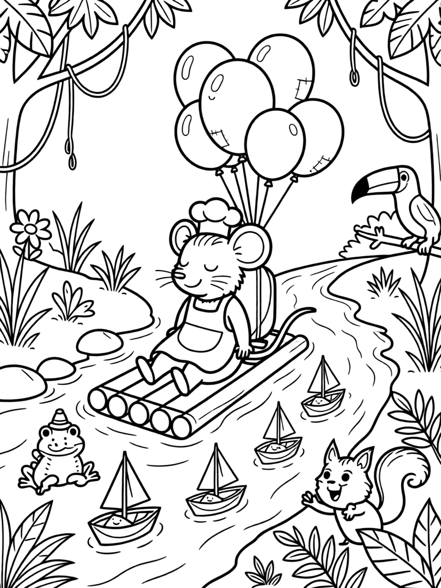 On a raft floating down a lazy jungle river, a sleepy candy shop owner mouse discovers the joy of flying over the city in a jetpack made of balloons, while a fleet of tiny paper boats racing along watches happily nearby. Every creature nearby wants to join in the fun.