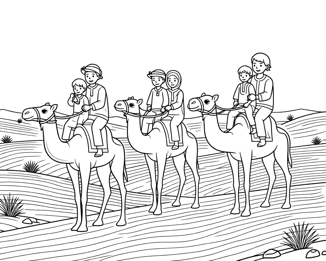 A coloring page of a family riding camels across rippling sand dunes in Saudi Arabia, showing grandparents, parents, and children all taking part together in the fun.