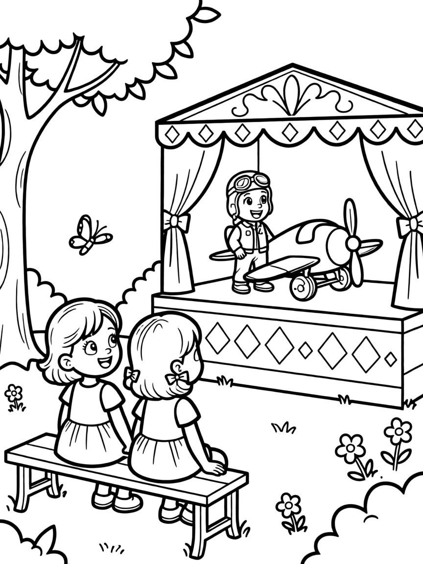 wide-eyed twin sisters watch a puppet show reenacting the first flight of an airplane.