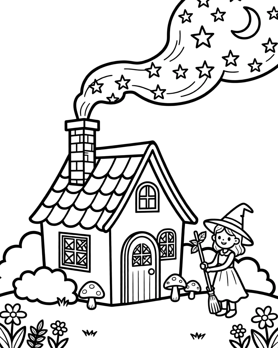 A witch's cottage chimney puffs smoke shaped like tiny stars and moons that drift upward into the night sky.