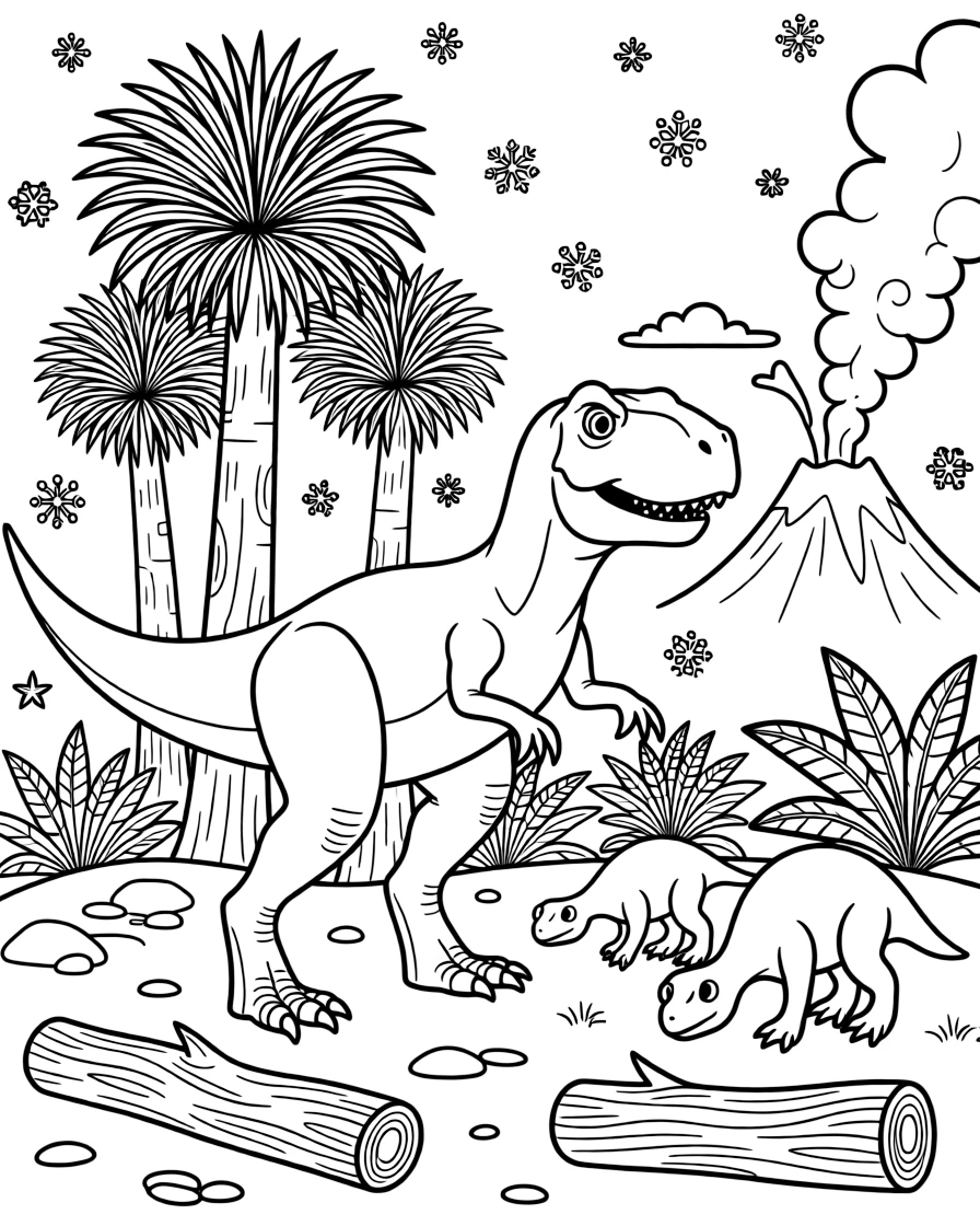 [Dinosaurs] A dynamic scene shows a fierce-looking T-rex bursting out from behind tall cycad trees near an active volcano puffing smoke in the distance, wide-eyed with wonder. Close by, a family of smaller dinosaurs grazes on ferns. Scattered rocks and fallen logs add texture to the ground. The moment unfolds on a crisp autumn afternoon, with snow gently falling, filled with energetic detail perfect for a young colorist.