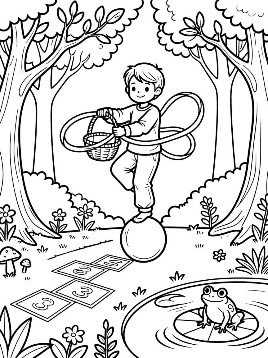A young circus performer balancing on a big ball is weaving a basket from colorful ribbons in a quiet clearing of an enchanted forest. a hopscotch grid chalked onto the pavement and a friendly frog perched on a lily pad add to the delightful moment.