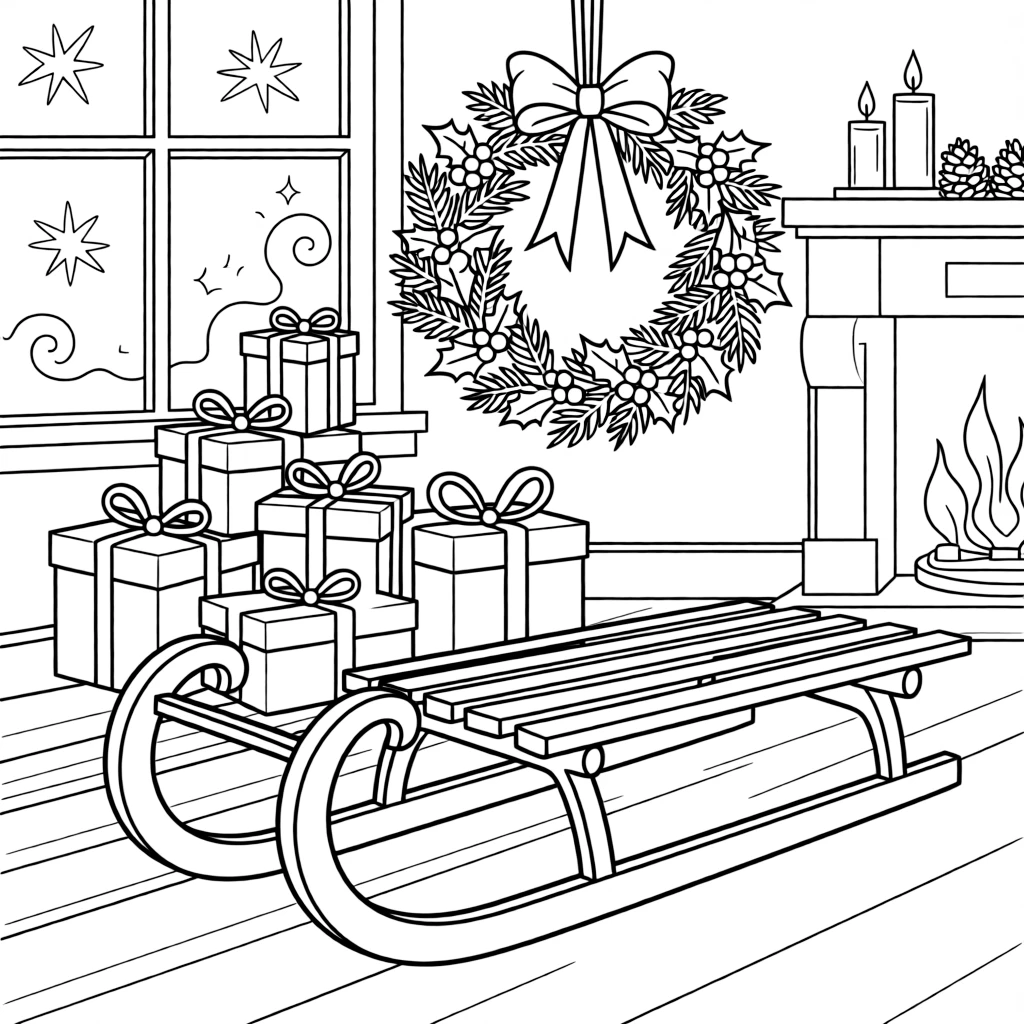 A close-up of a sled ready for a snowy outdoor adventure in a warmly lit living room with frost on the windows, surrounded by a stack of wrapped gifts and a wreath tied with a red ribbon.