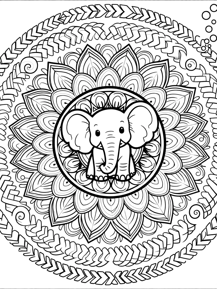 Zoo & Safari Animals: The design turns a baby elephant with big flapping ears into a kaleidoscope-style composition anchored by a blooming flower-shaped mandala with layered petal rings. The imagery is broken into repeating fragments that spin outward from the center in a kaleidoscope-style circle of matching wedges. Decorative details fill the surrounding space, including curling fern-frond shapes, ribbons folded into gentle zigzags, and rows of arrow-shaped chevrons woven throughout the background. A playful extra touch completes the page: a cluster of small bubbles rising near one side of the page.