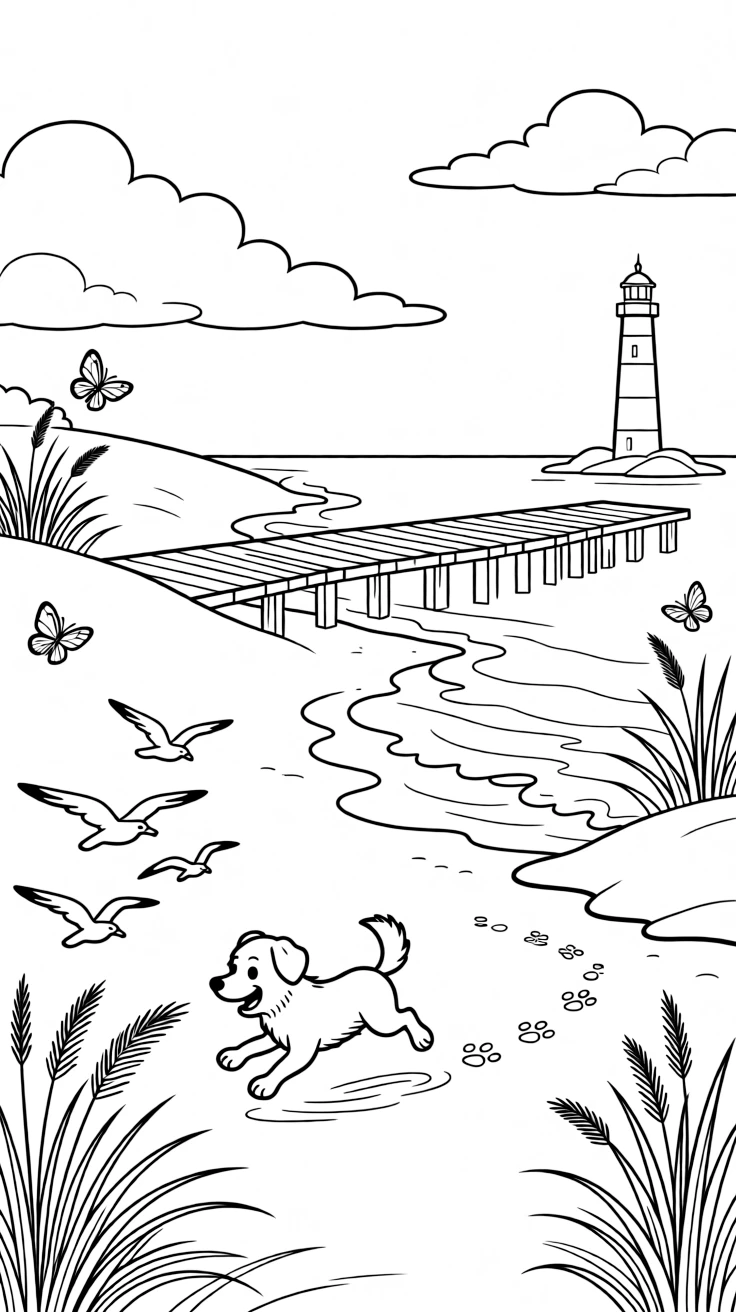 [Sandy Beaches] A little dog chases seagulls along the shore, leaving a trail of paw prints in the wet sand. Butterflies drift over beach grass growing along the edge of the dunes. A wooden pier stretches out over the water, with a lighthouse visible in the distance. Fluffy clouds drift over the shoreline while gentle waves lap at the sand.
