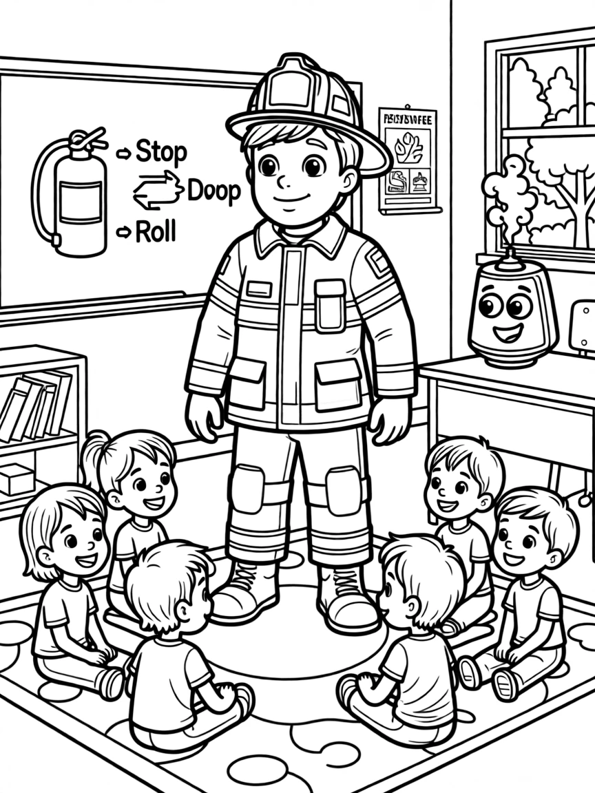 A firefighter teaches kids fire safety using a smiling smoke detector mascot at school.