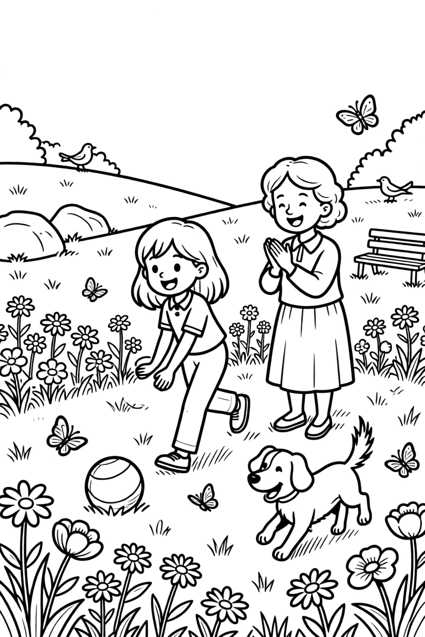 A tall girl bowling with a grandmother in a meadow full of wildflowers while a friendly dog wags its tail.