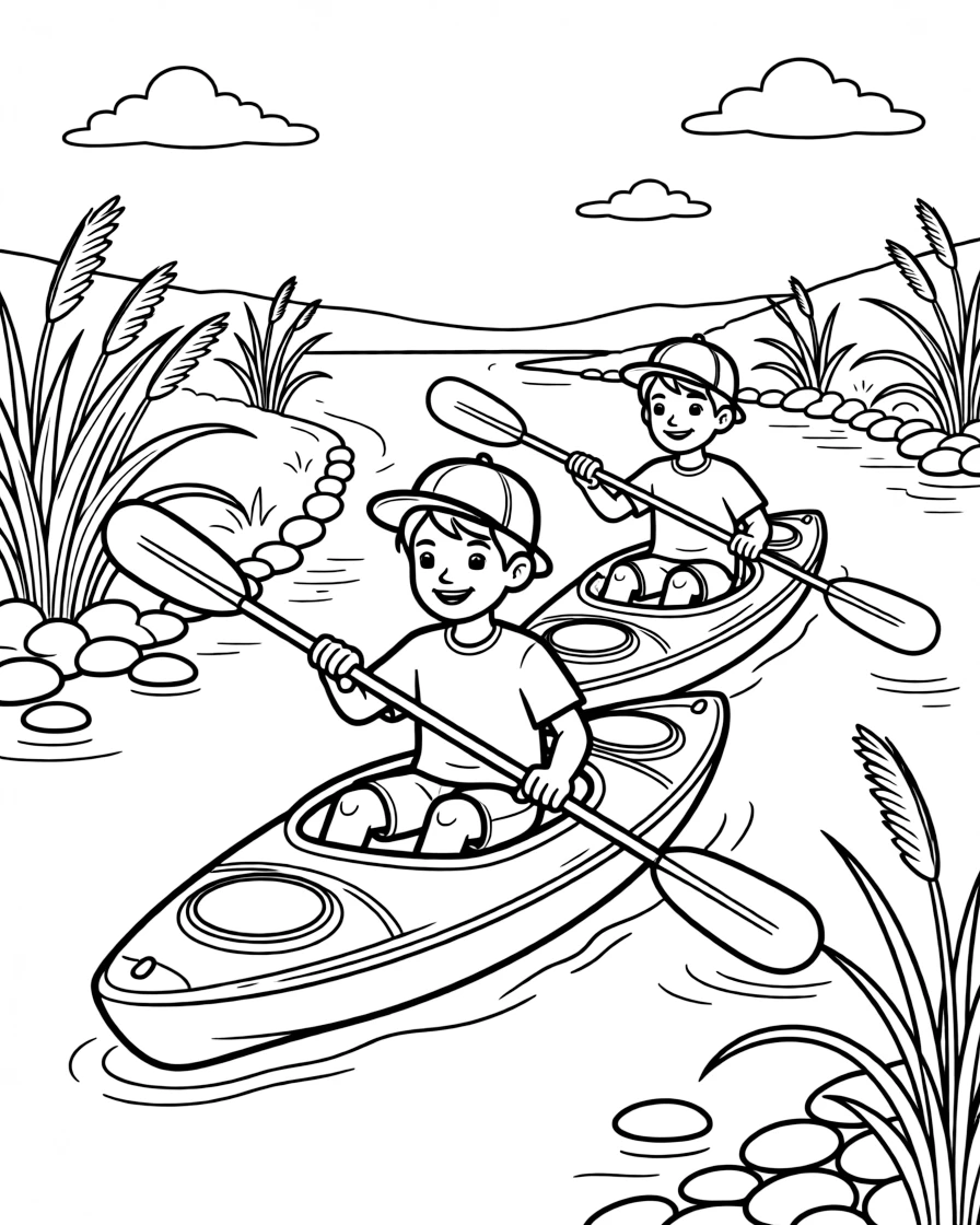 A confident boy wearing a bright cap, racing a friend in a matching kayak down a straight stretch of calm river.