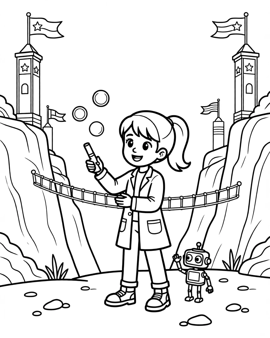 Inventor kid Ruby testing a sound-wave slingshot practicing juggling with tiny floating orbs of light near a canyon planet crisscrossed with ziplines and rope bridges, surrounded by a small robot sidekick cheering and banners and flags fluttering from tall towers.