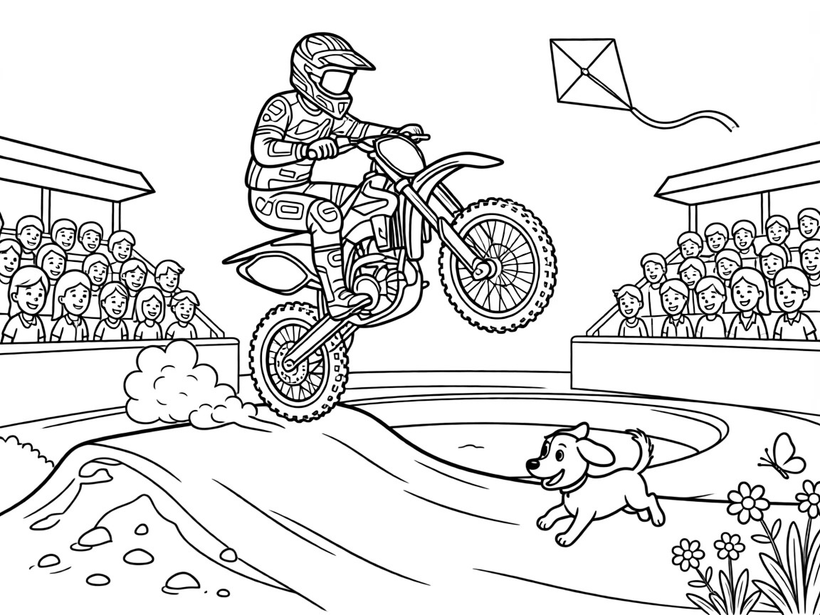 This page centers on a mud-splattered motocross dirt bike catching air off a jump exploring a race track lined with cheering fans in the grandstands, featuring an excited puppy chasing along the road and little extras like butterflies fluttering near a patch of wildflowers and a kite dancing in the breeze above.