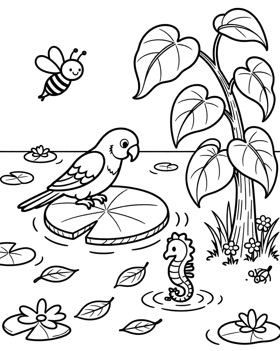 A parrot on a lily pad in a quiet pond, helping gather fallen leaves with a seahorse, next to a giant beanstalk, while a friendly bee buzzes past.