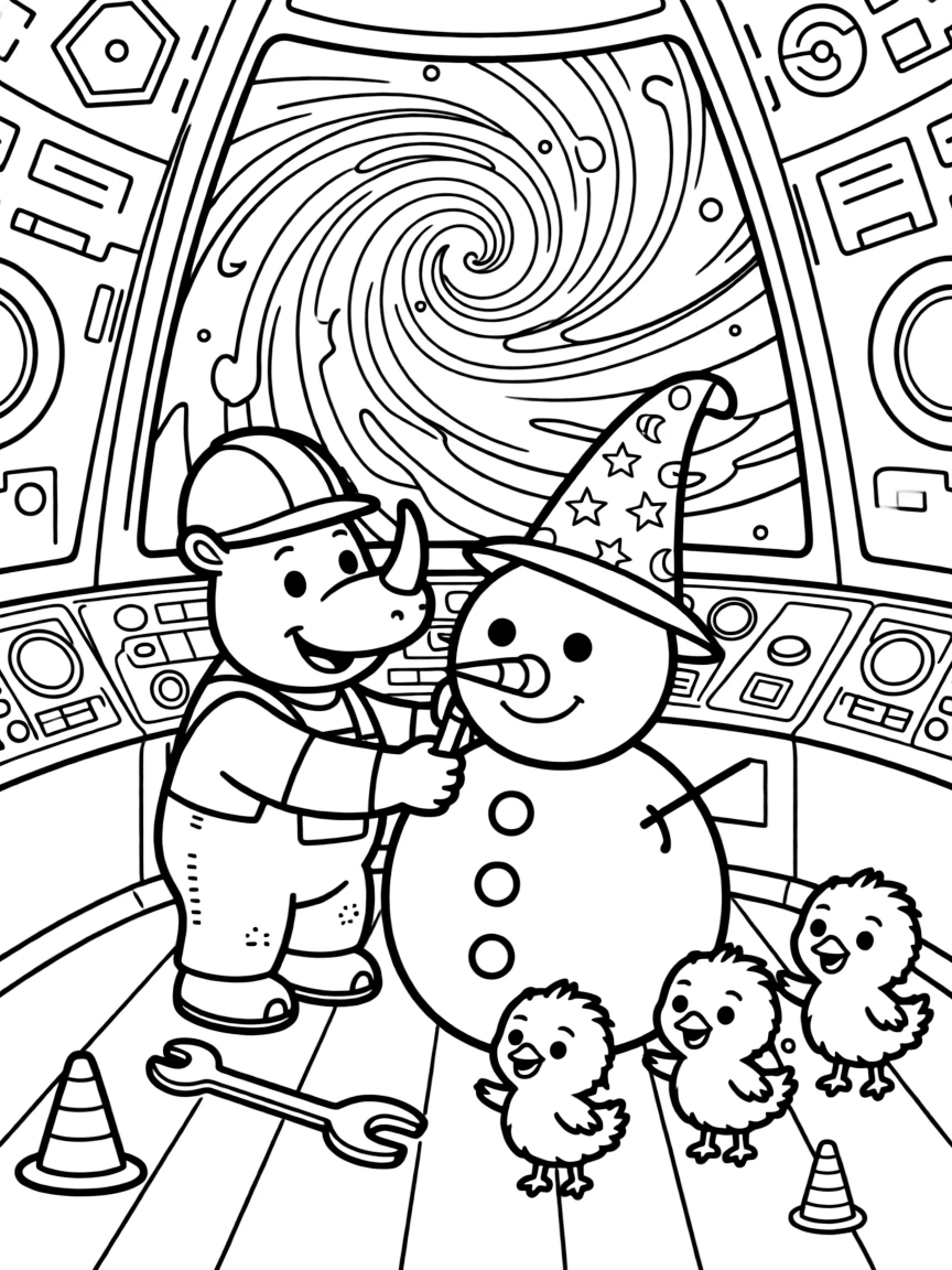 On a spaceship deck looking out at swirling nebulae, a spunky rhino construction worker discovers the joy of building a snowman wearing a wizard's hat, while a trio of giggling baby chicks watches happily nearby. The whole crew is grinning from ear to ear.