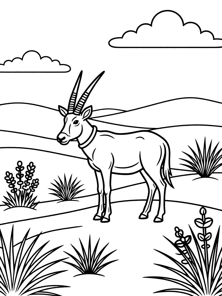 A coloring page of a gentle nature scene in Saudi Arabia featuring an Arabian oryx standing on a sandy dune, surrounded by plants, rolling hills, and a bright sky.