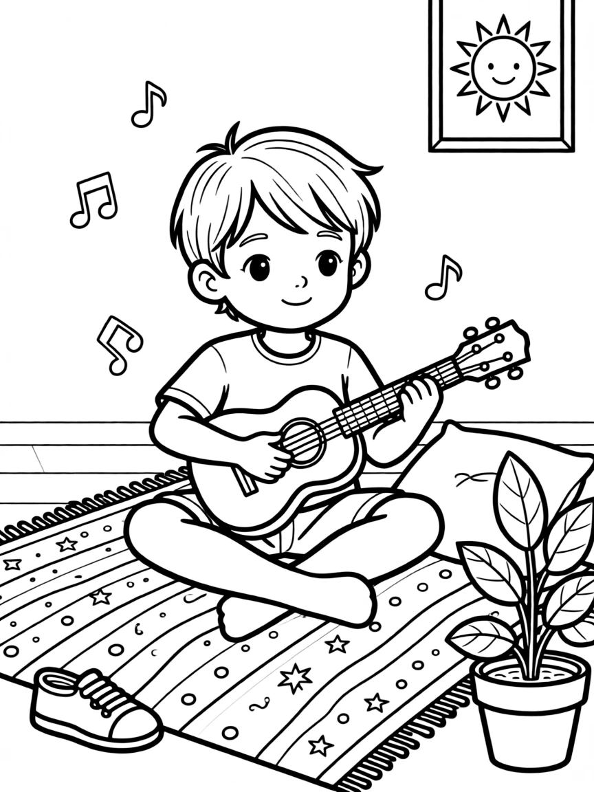 a curious small child strums a ukulele while sitting cross-legged on a colorful rug.