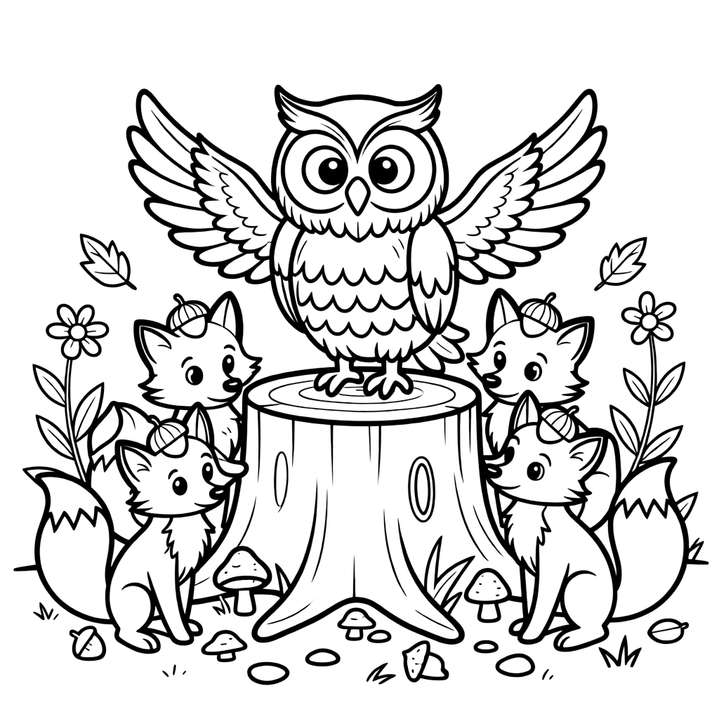 A pack of forest foxes wearing tiny acorn-cap hats gather around a storyteller owl perched on a mossy stump.