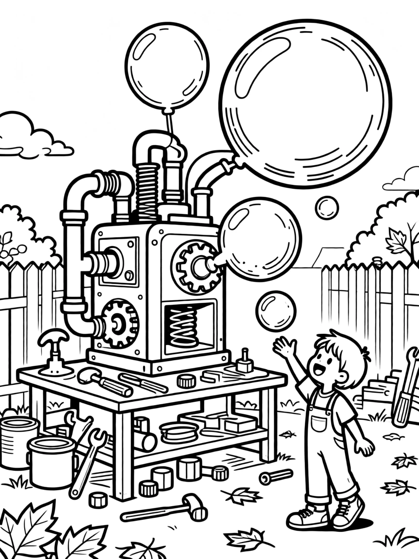 [Imaginative Inventions] a bubble-blowing machine launching bubbles the size of balloons in a cluttered backyard workshop. In the background, tools and gears are scattered across a workbench, adding extra fun to explore. Gears and springs add fun mechanical detail. It all happens on a crisp autumn afternoon, with fluffy clouds drifting overhead.