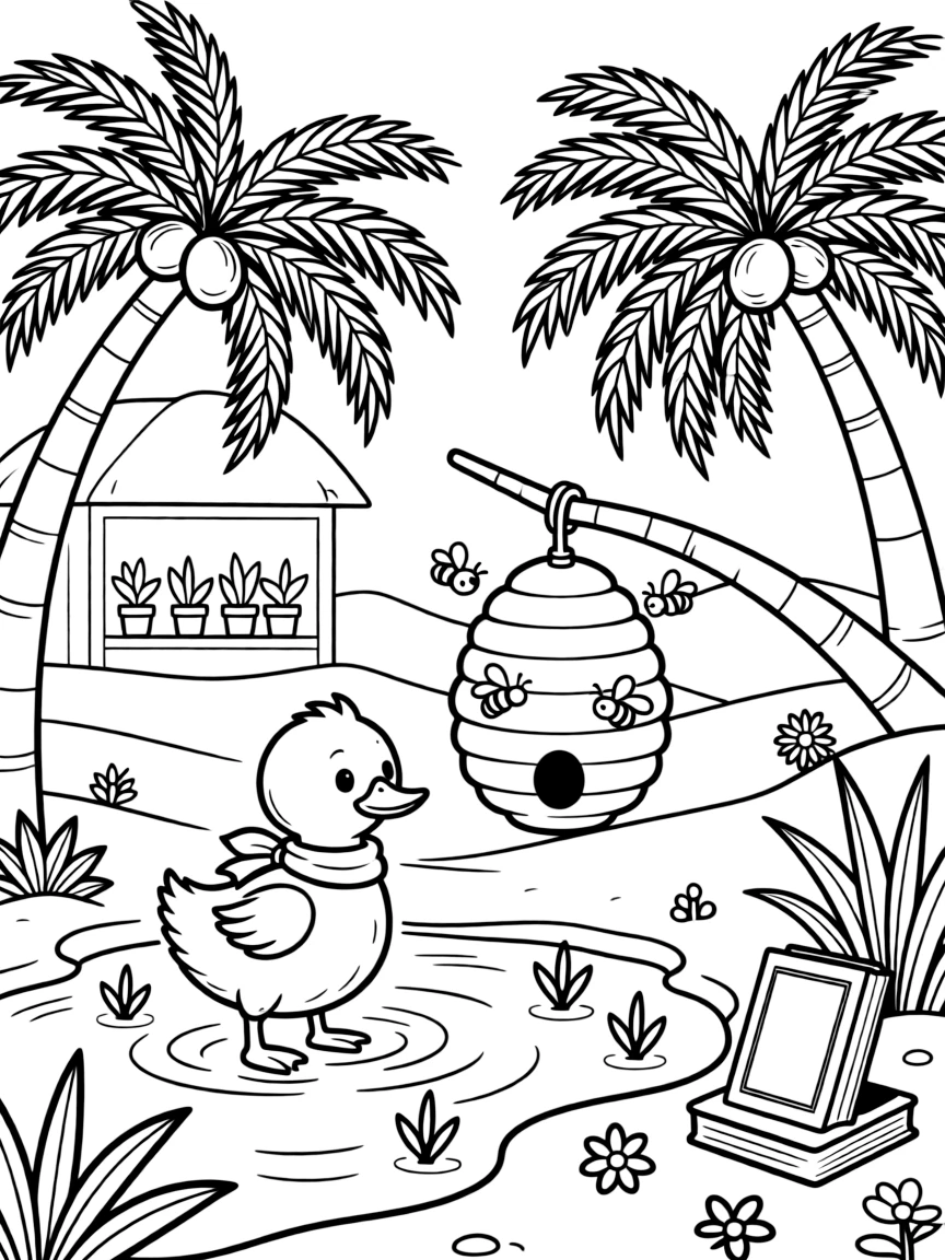 A paddling duckling is harvesting honey from a friendly beehive at a desert oasis ringed with palm trees. In the background, a row of potted plants along a windowsill and a stack of well-loved picture books nearby bring the scene to life.