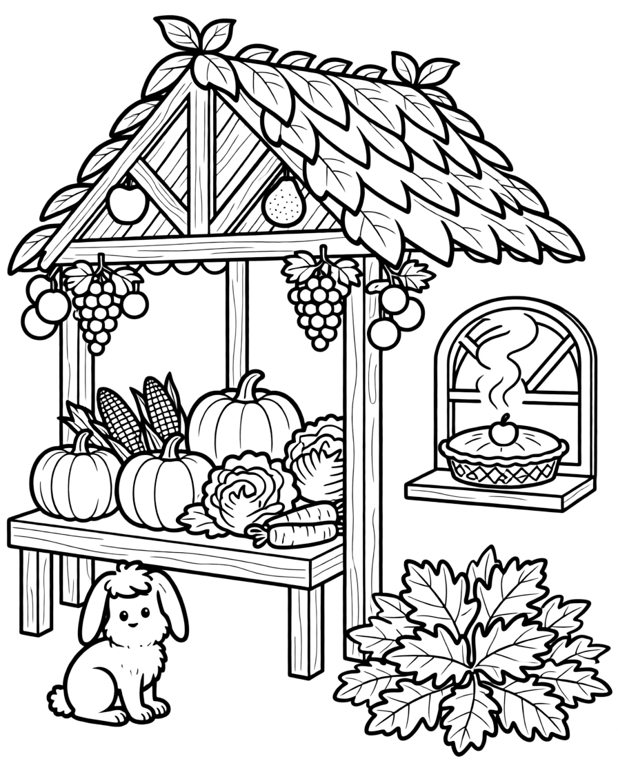 A small leafy shelter decorated with fruit at a farmers market piled high with autumn vegetables, alongside a floppy-eared bunny and a warm apple pie cooling on a windowsill, with a pile of crunchy leaves ready for jumping close by.