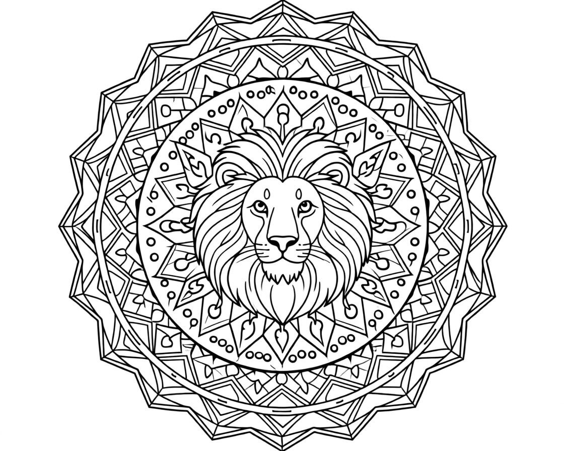 Zoo & Safari Animals: The main subject is a lion with a full round mane, drawn as the focal point of a crystal-facet mandala built from angular repeating shapes. It is centered on the page, anchoring a design that expands outward in smooth, even waves. Decorative details fill the surrounding space, including a trail of evenly spaced dots, flame-shaped tips curling upward, and nested triangle shapes woven throughout the background. A playful extra touch completes the page: a small key shape tucked discreetly among the pattern details.