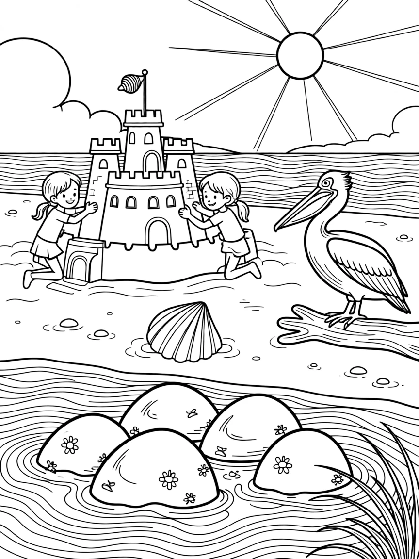 [Sandy Beaches] A group of children build an elaborate sandcastle complete with towers, a moat, and a seashell flag. A pelican perches on a weathered piece of driftwood near a cluster of seashells. Rolling waves crash near a cluster of smooth rocks dotted with barnacles and tide pools. A warm breeze carries the scent of salt water beneath a bright midday sun.