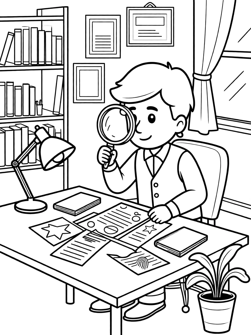 A private investigator studies a magnifying glass over a stack of clues on a desk.