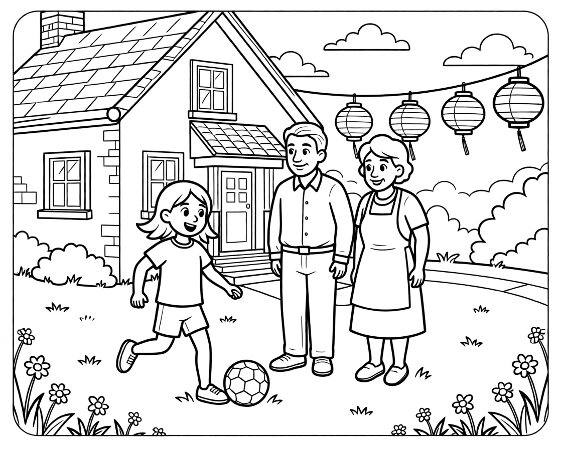 A cheerful girl playing soccer with both grandparents at grandparents' farmhouse with paper lanterns swaying gently.