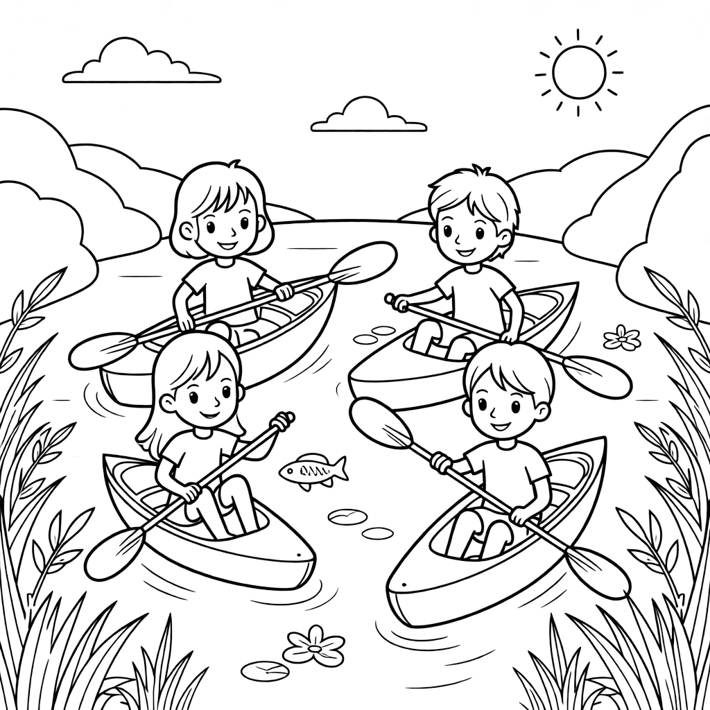 A group of classmates, practicing a paddle stroke technique in a calm cove before the big trip.