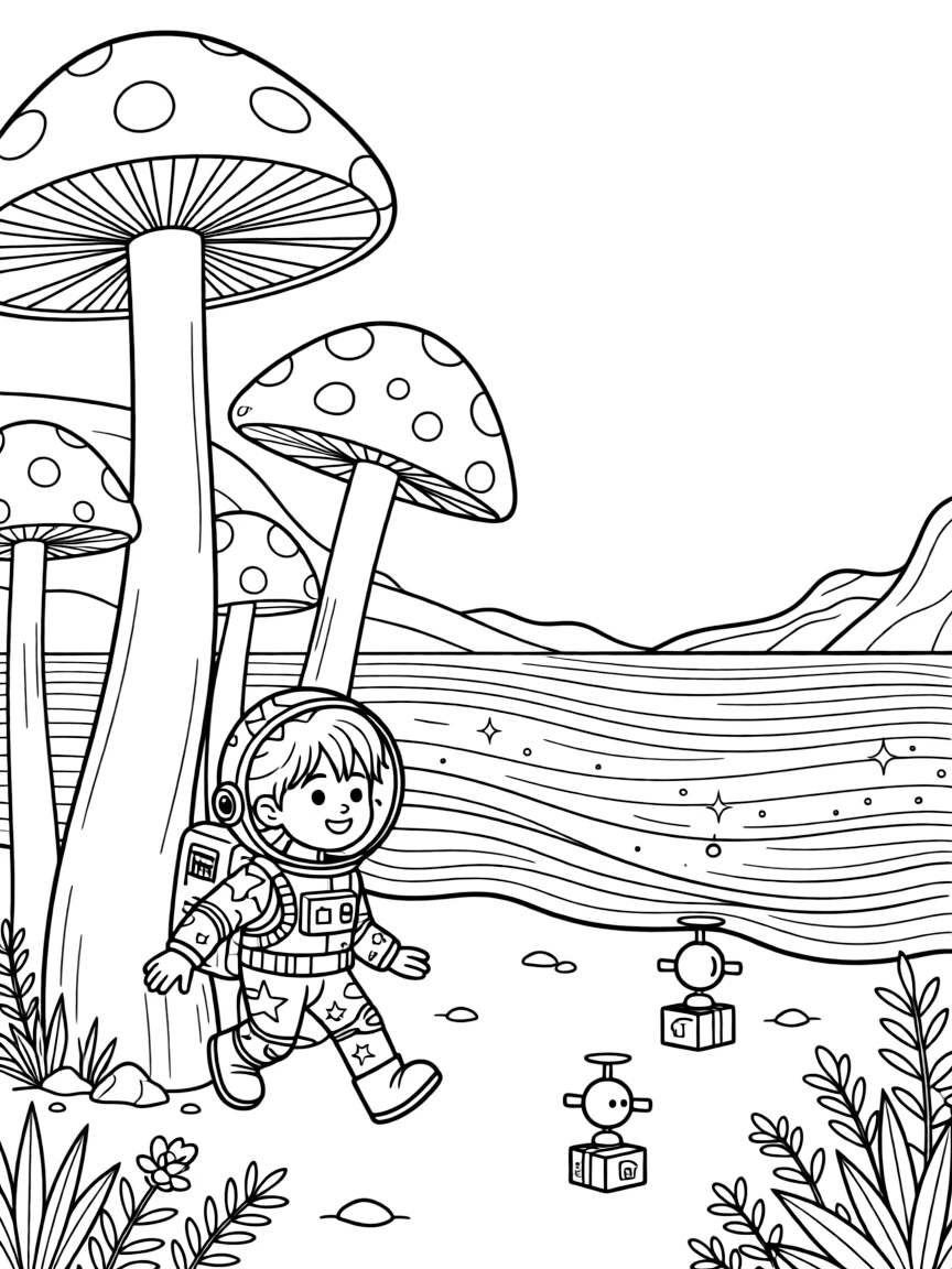 In a beach on a red planet with waves of shimmering dust, Explorer Nova, a young space explorer in a starry spacesuit playing hide and seek among giant mushroom towers on an alien world, while tiny drones buzzing around delivering packages adds to the excitement.