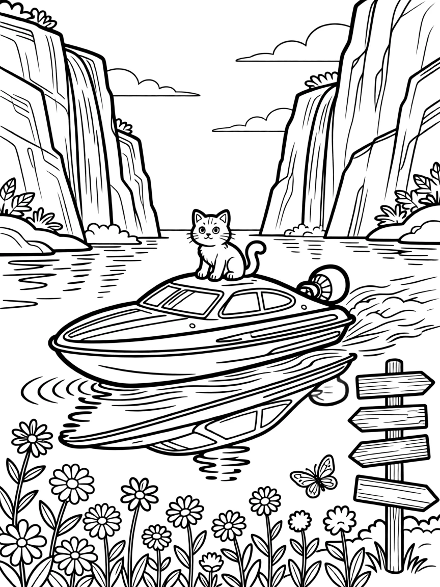 A coloring page featuring a hydroplane racing boat skimming across the water, traveling through a national park with towering waterfalls and rocky cliffs, with a curious cat perched on the hood and butterflies fluttering near a patch of wildflowers and an old wooden signpost pointing to faraway towns filling the scene.