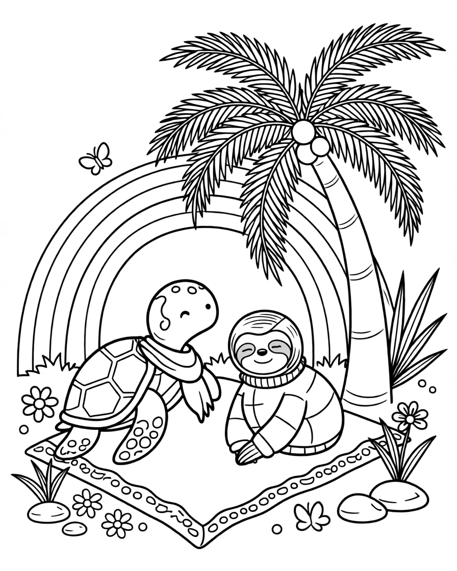 A sea turtle stargazing on a blanket with a sloth under a rainbow after the rain, near a tropical palm tree.