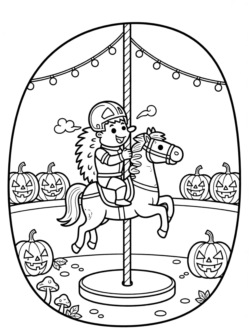 A clumsy hedgehog knight takes a break from adventures to try riding a carousel horse that has come to life in a cozy burrow decorated with fairy lights, with a row of jack-o'-lanterns grinning in the dark close behind. Everyone is laughing and having the best time.
