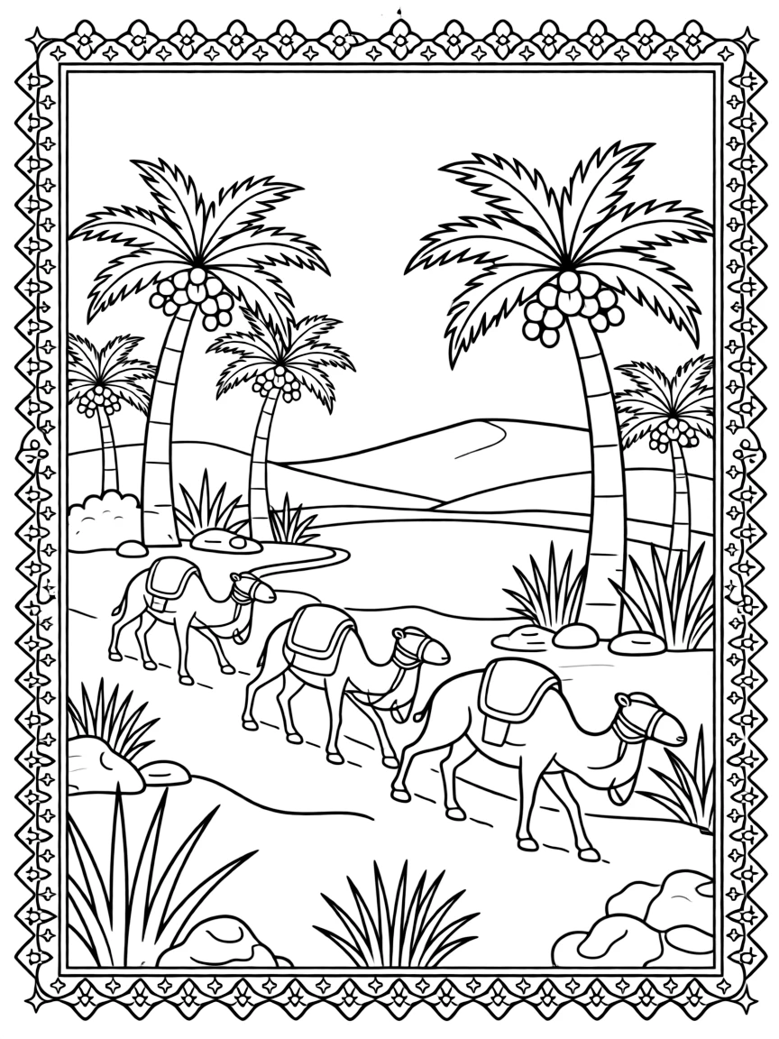 A coloring page featuring a caravan of camels walking past a desert oasis of palm trees from Saudi Arabia, framed by a simple border of flowers, stars, or geometric patterns from the region.