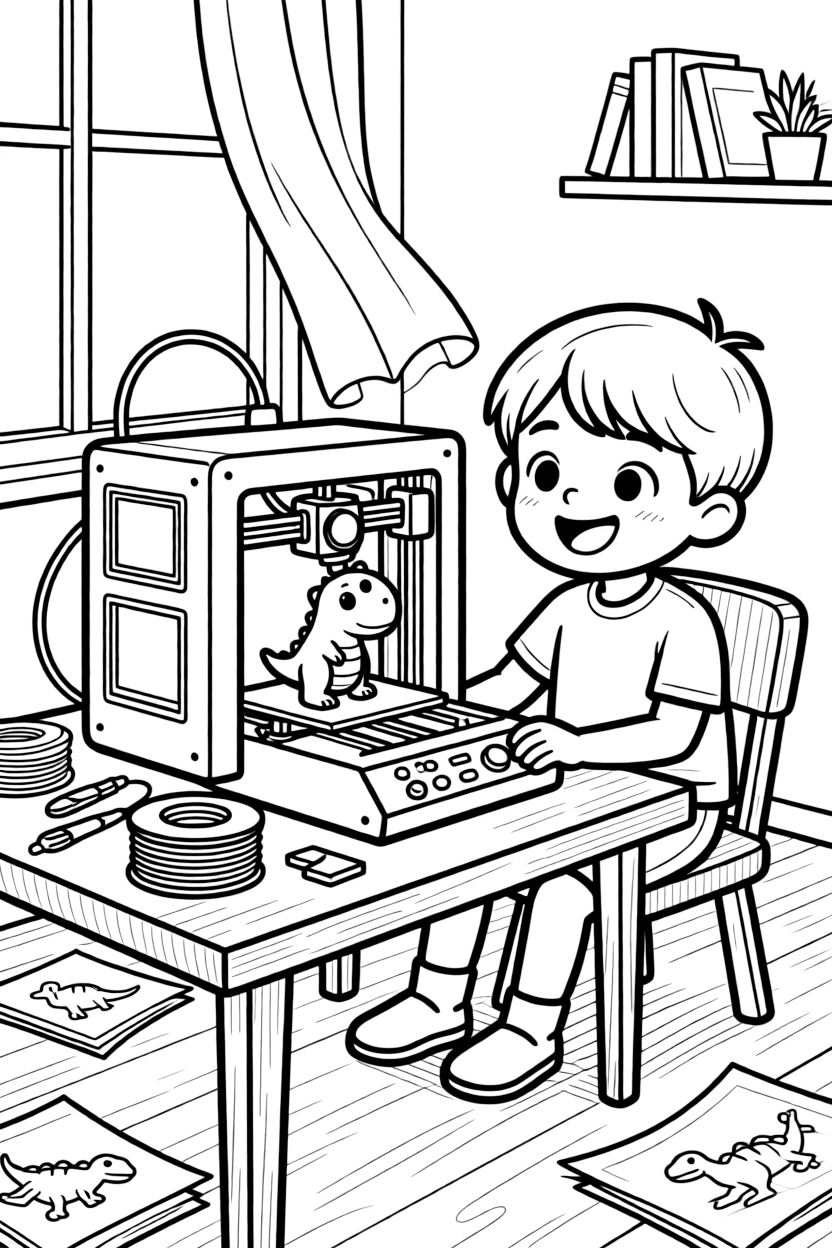 a cheerful small child 3D prints a tiny toy dinosaur, watching it build layer by layer.