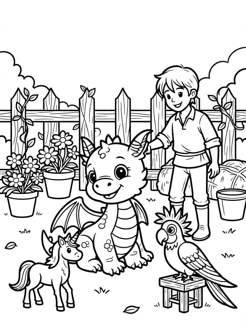 A castle's royal menagerie houses a gentle baby dragon, a miniature unicorn, and a talking parrot, all cared for by a kind stablehand.