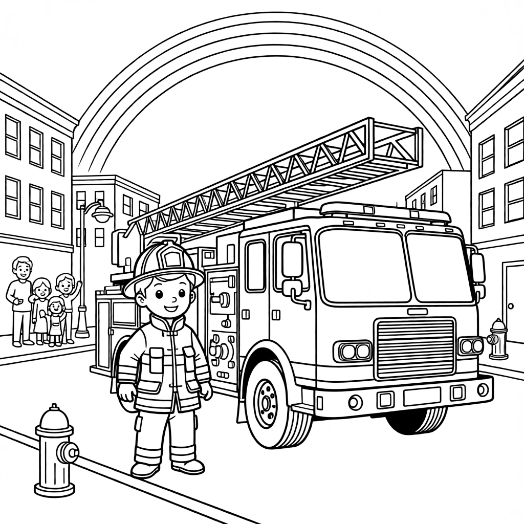 [Firefighters] a young firefighter-in-training standing proudly beside a fire truck on a city street during a rescue. In the background, a grateful family watches from a safe distance, adding extra fun to explore. A sturdy helmet and coat complete the uniform. It all happens at sunrise, with a rainbow arching overhead.