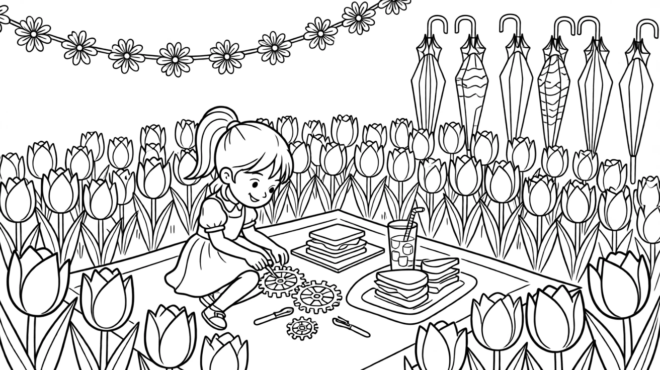 A girl inventor tinkering with gears is sharing a picnic of tiny sandwiches and lemonade in a tulip field in full bloom. In the background, a garland of paper flowers strung overhead and a row of colorful umbrellas add to the delightful moment.