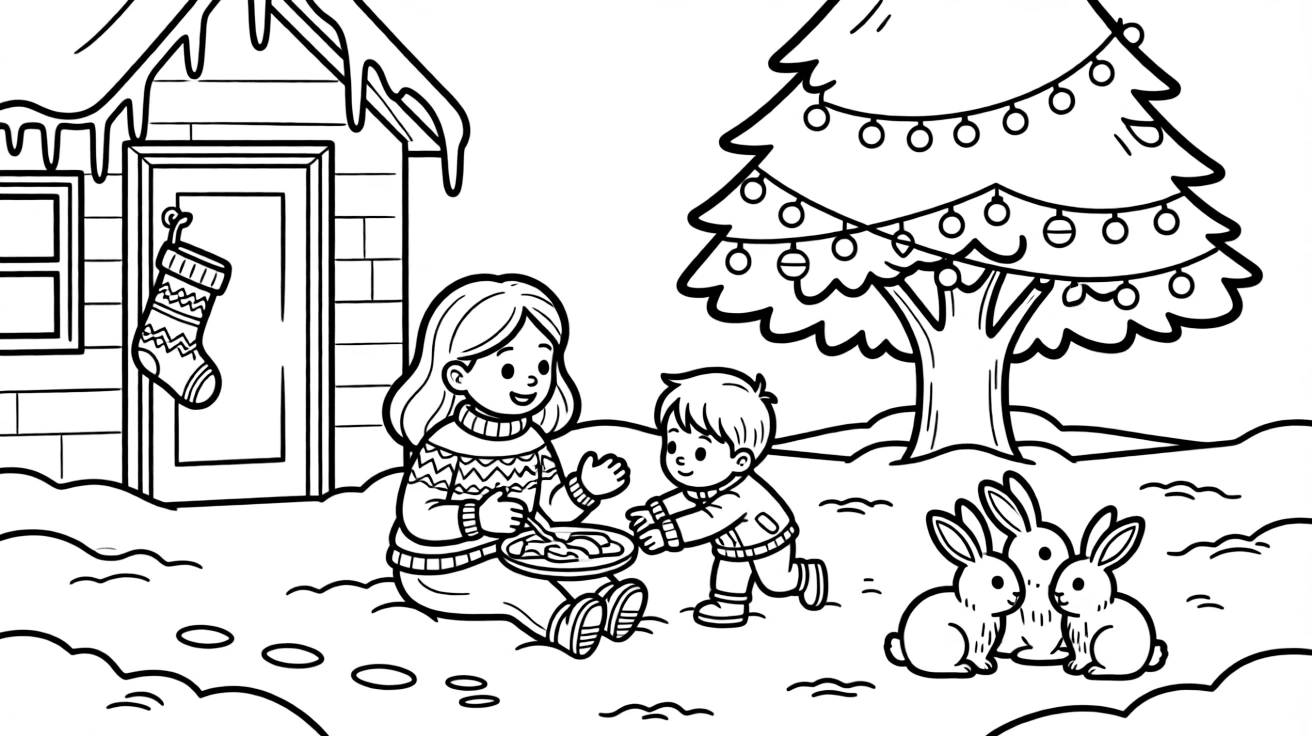 A wide view in a snowy front yard with icicles hanging from the roof, featuring a family enjoying leftovers by a decorated tree, a big sister and her little brother, and a family of snow-covered rabbits, with a knitted stocking hung with care nearby.