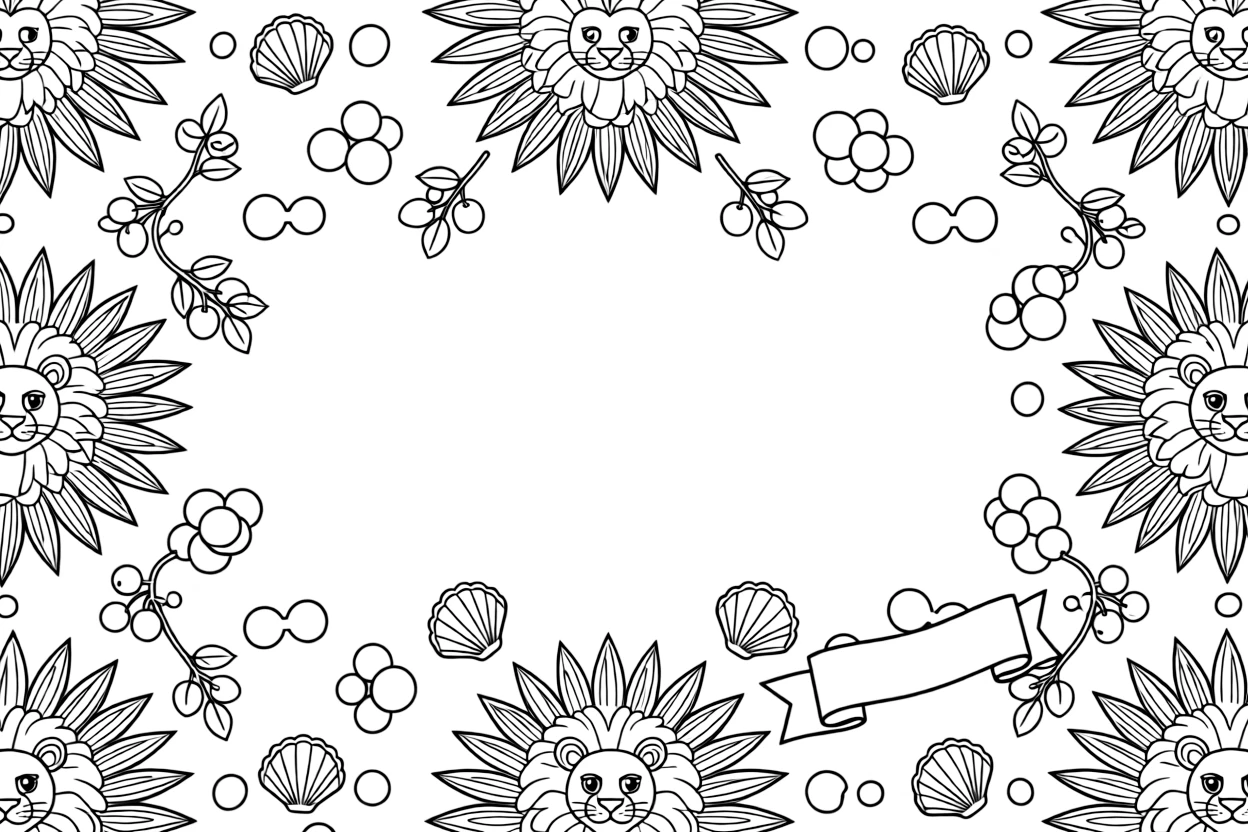Zoo & Safari Animals: The page centers on a repeating motif of a lion with a full round mane, built around a sunburst mandala with rays spreading evenly outward. The motif is lined up along the top and bottom edges, mirrored by a matching row along the left and right sides. Decorative details fill the surrounding space, including clusters of round bubbles, twisting berry-vine garlands, and overlapping scalloped shells woven throughout the background. A playful extra touch completes the page: a little blank banner tucked into the design, ready for a name to be added.