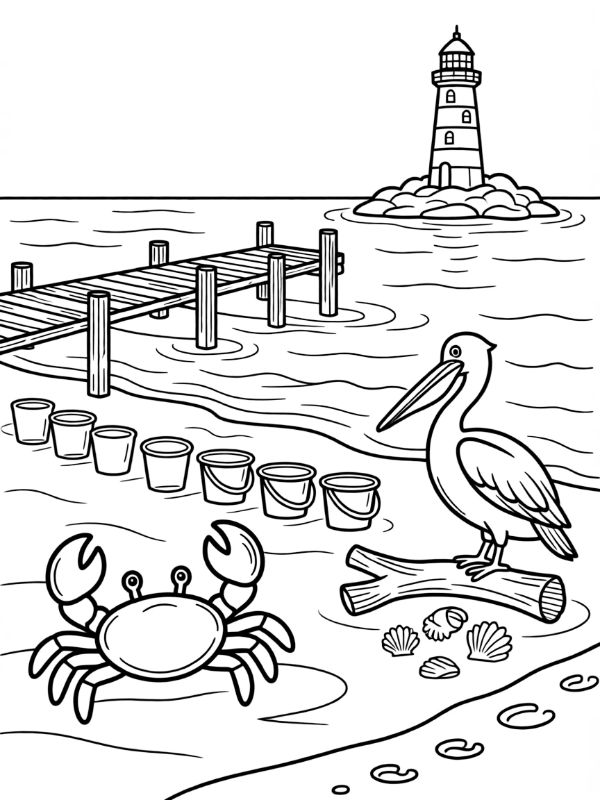 [Sandy Beaches] A friendly crab scuttles sideways across the sand, dodging a row of colorful beach buckets. A pelican perches on a weathered piece of driftwood near a cluster of seashells. A wooden pier stretches out over the water, with a lighthouse visible in the distance. Soft morning light glows over the calm sea as the first footprints appear in the sand.