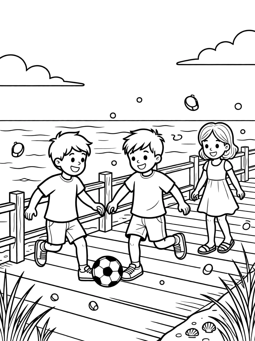 Twin brothers playing soccer with a neighbor kid on a seaside boardwalk with fireflies glowing at dusk.