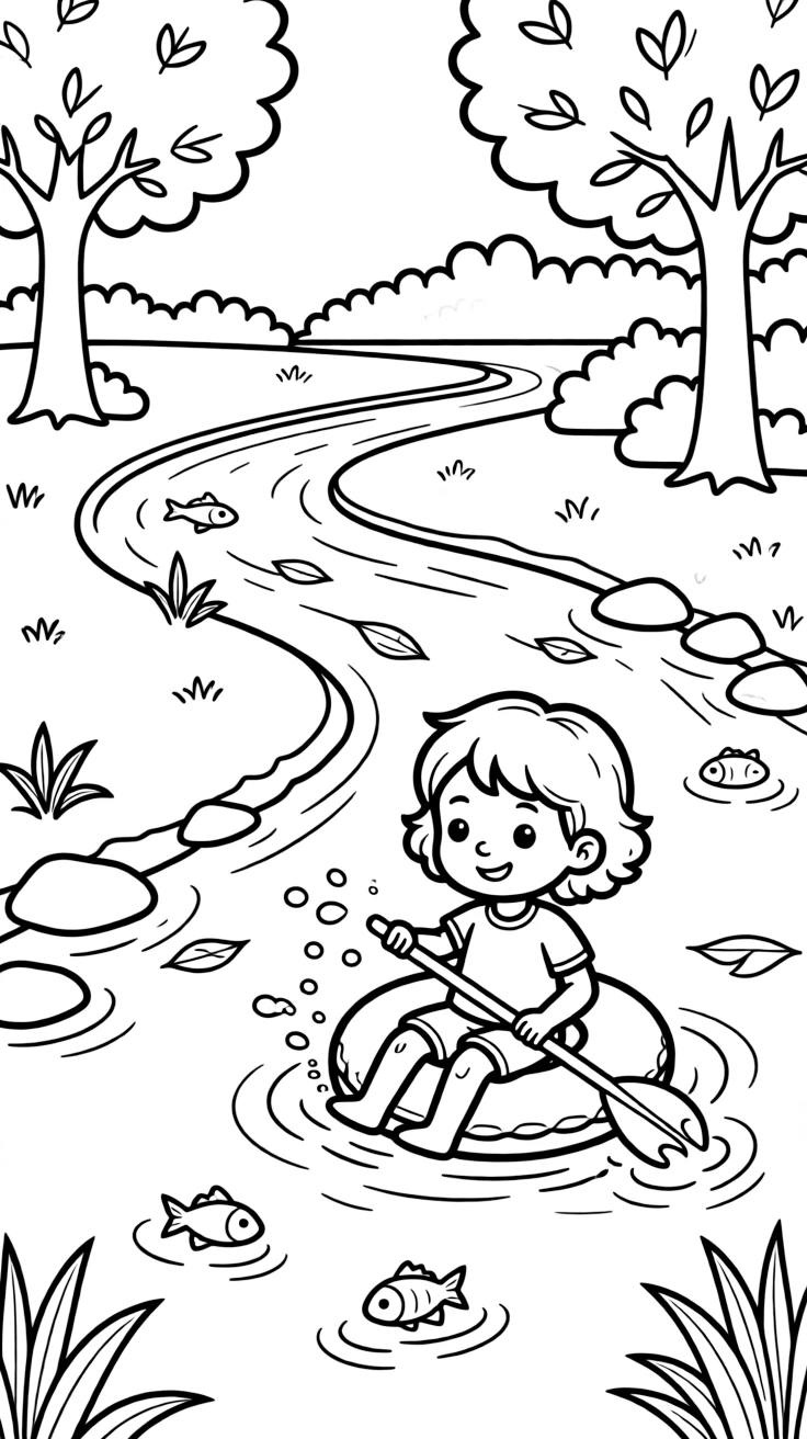 A little girl with curly hair, splashing playfully with a paddle while floating near a river bend.