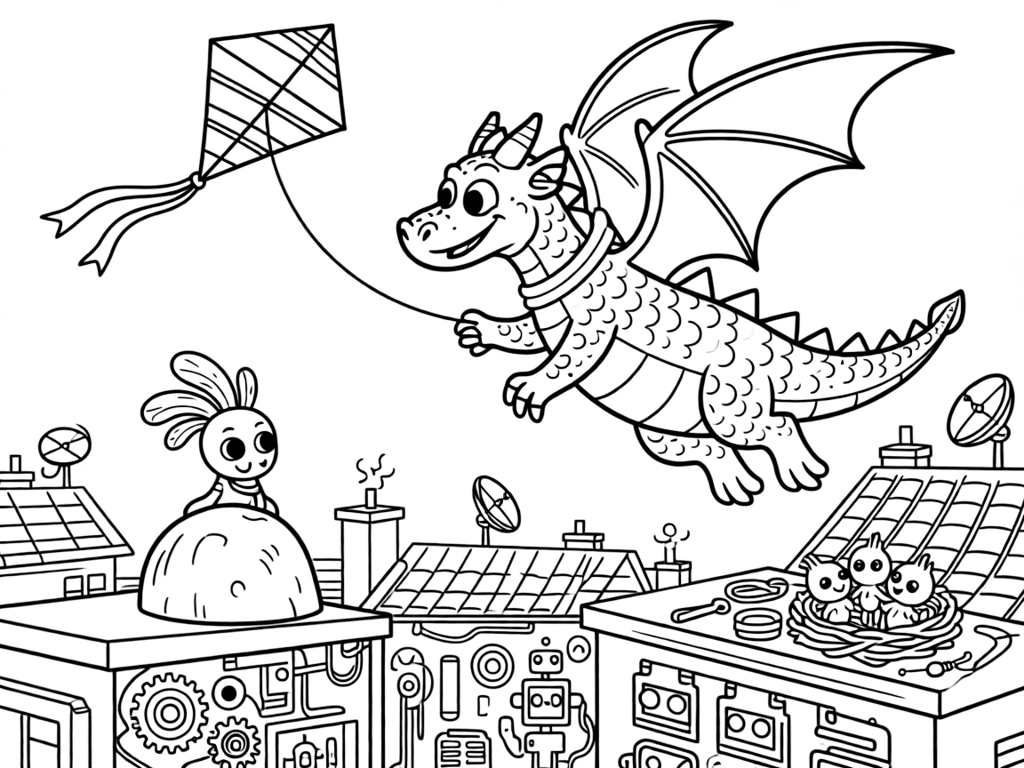Sprig, a friendly space dragon with soft scales flying a kite that doubles as a mini glider over rooftops in a robot workshop cluttered with gears, wires, and half-built inventions, as a curious alien creature peeking out from behind a rock and a nest of baby alien creatures chirping happily fill the scene.