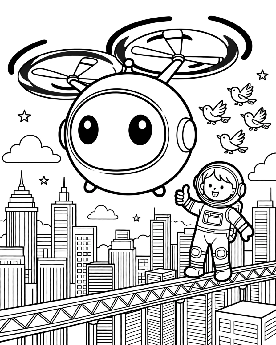 A round robot delivery drone with spinning propellers takes center stage in a gleaming futuristic city skyline with towers and skywalks, where a grinning astronaut giving a thumbs up can be seen nearby, surrounded by a flock of birds flying alongside in formation.