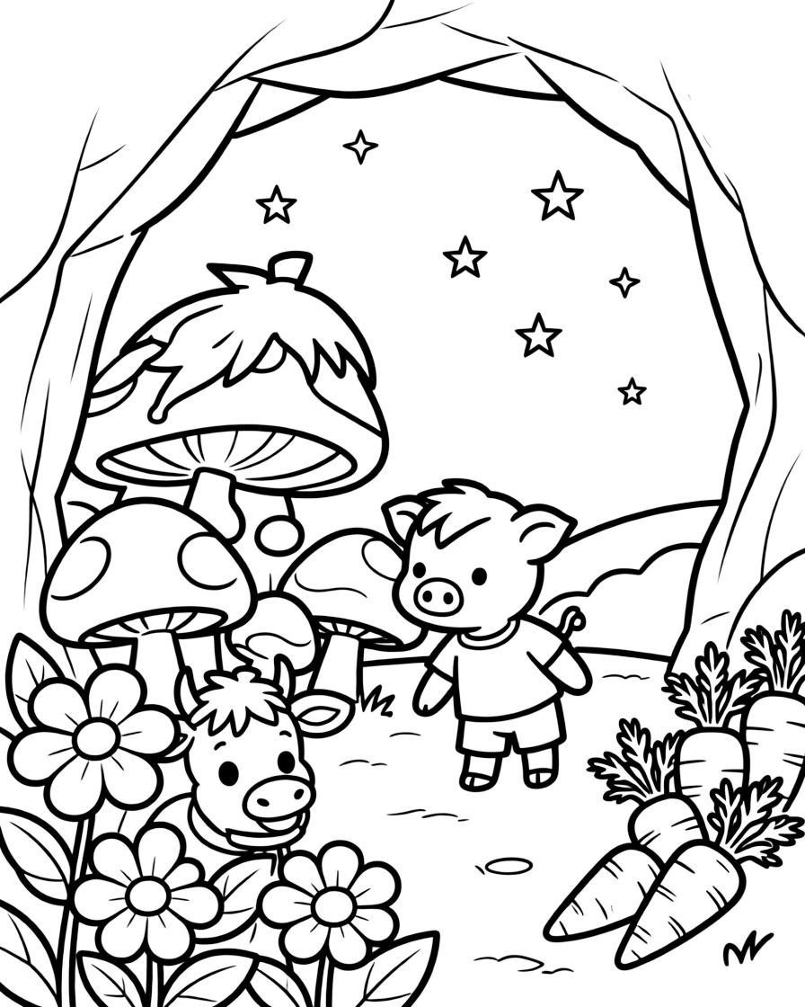 A piglet in a cave glowing with mushrooms, playing hide and seek among the flowers with a calf, next to a row of carrots, as stars begin to twinkle above.