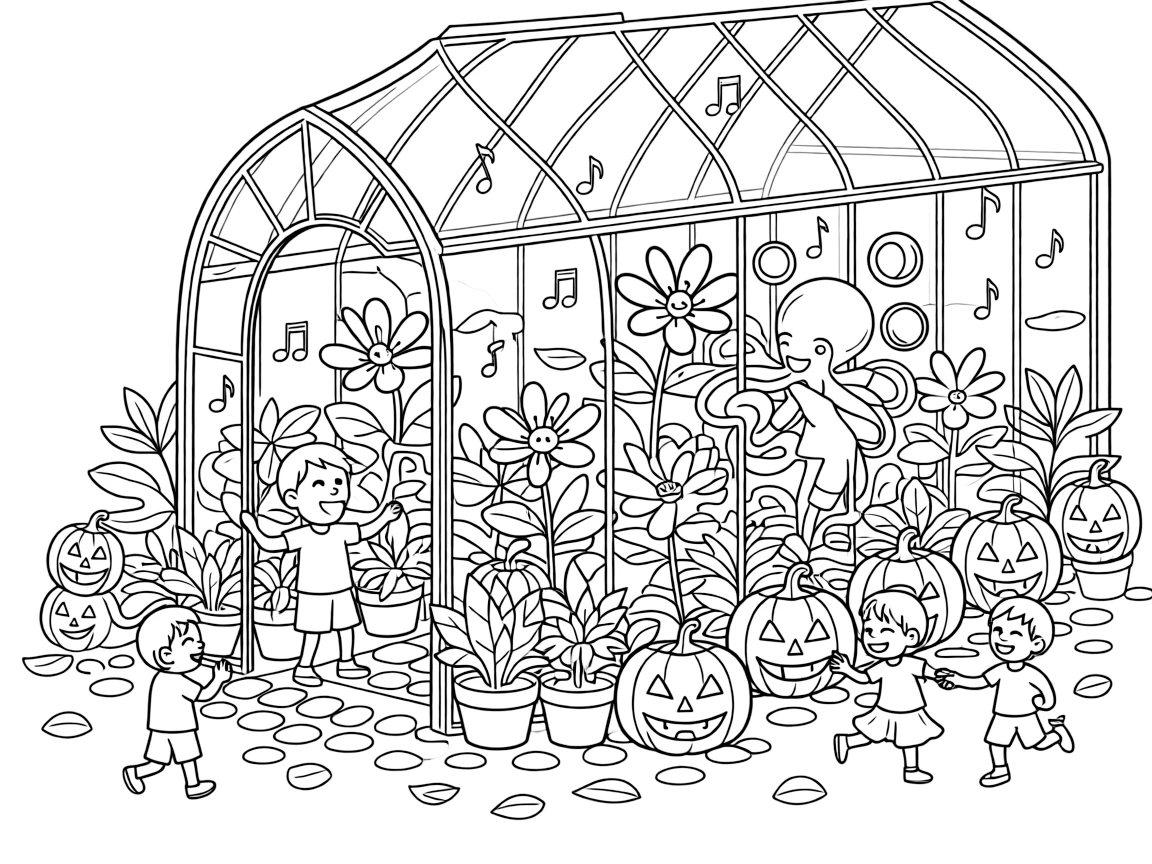 Curious and full of excitement, an octopus juggler spends the day playing an epic game of hide and seek in a greenhouse filled with singing flowers. Nearby, a row of jack-o'-lanterns grinning in the dark adds to the fun. Everyone is laughing and having the best time.