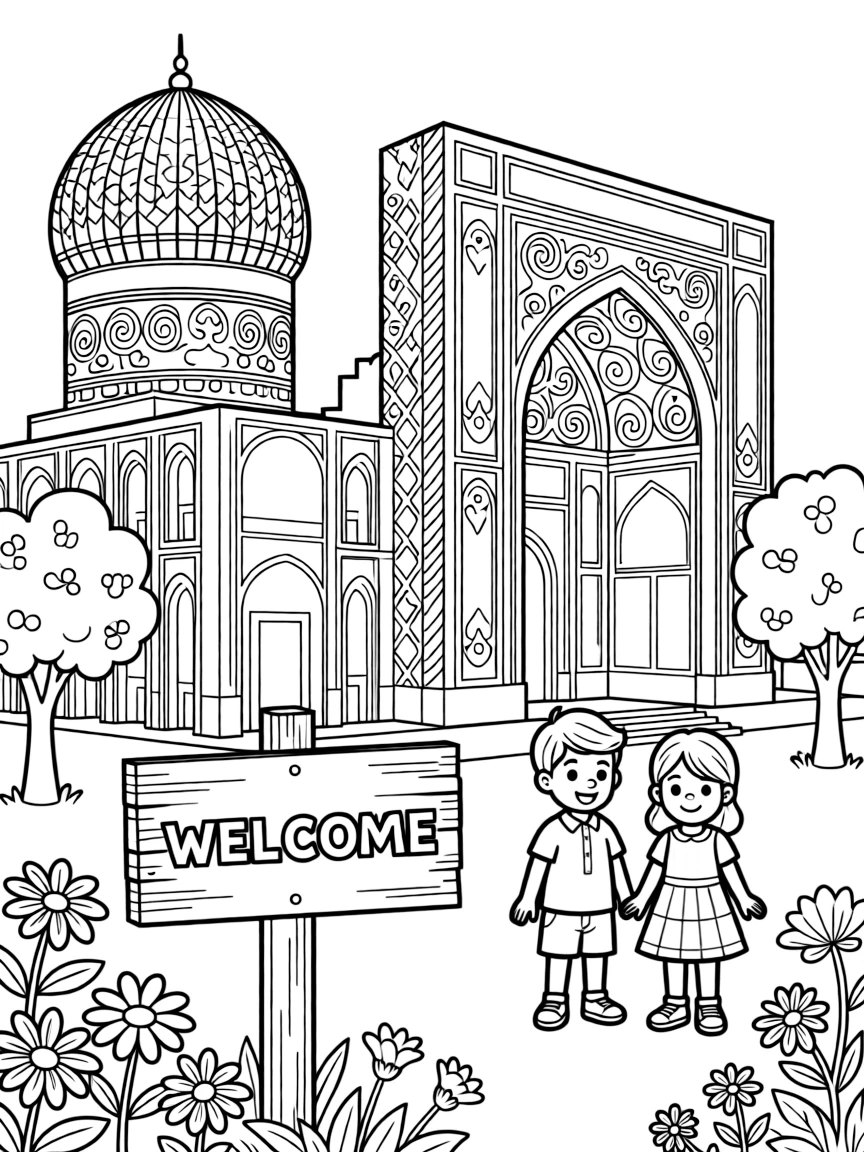 A coloring page inviting kids to explore Iran through the turquoise-tiled dome and towering arch of an ancient mosque, with small trees, flowers, and a signpost welcoming visitors nearby.