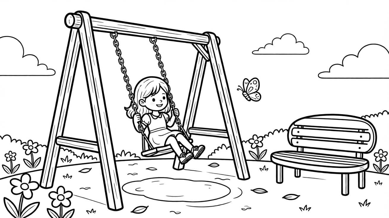 a gentle young girl swings high on a playground swing set under a clear blue sky.