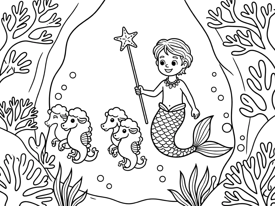 A merman herds a school of seahorses like sheep, guiding them through an underwater canyon lined with glowing coral.